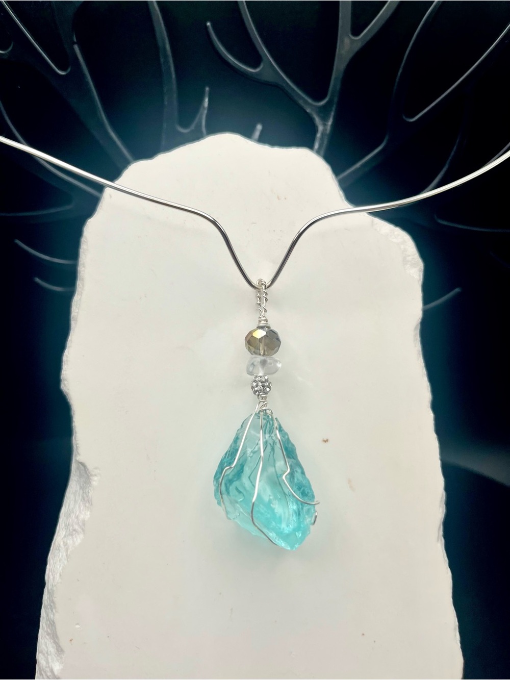 Silver Wire-Wrapped Aqua Blue Crystal Pendant Necklace